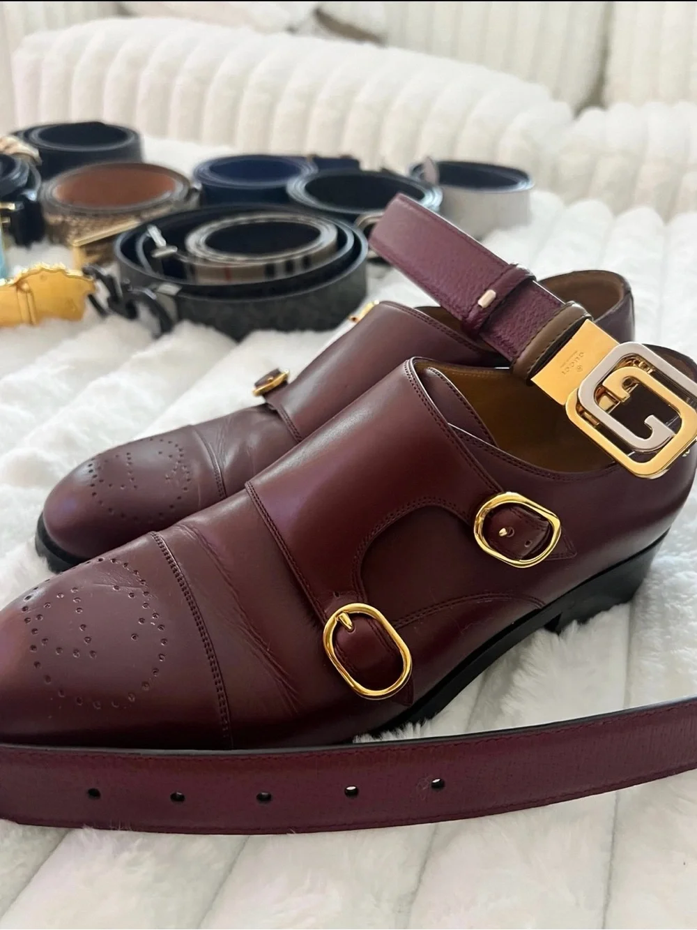 Gucci Burgundy Leather Belt with Gold & Silver Interlocking G Buckle